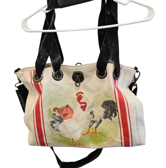 Vintage Addiction Rooster Red French Stripe Canvas Tote Crossbody Bag NEW - Picture 5 of 7